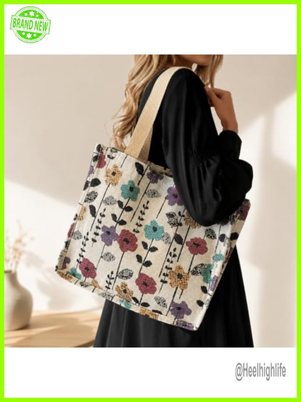 Vintage Floral Jacquard Canvas Tote Bag Large Capacity Shoulder Handbag for